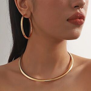 Gold Collar Torques Choker Earrings Hoop Matching Set